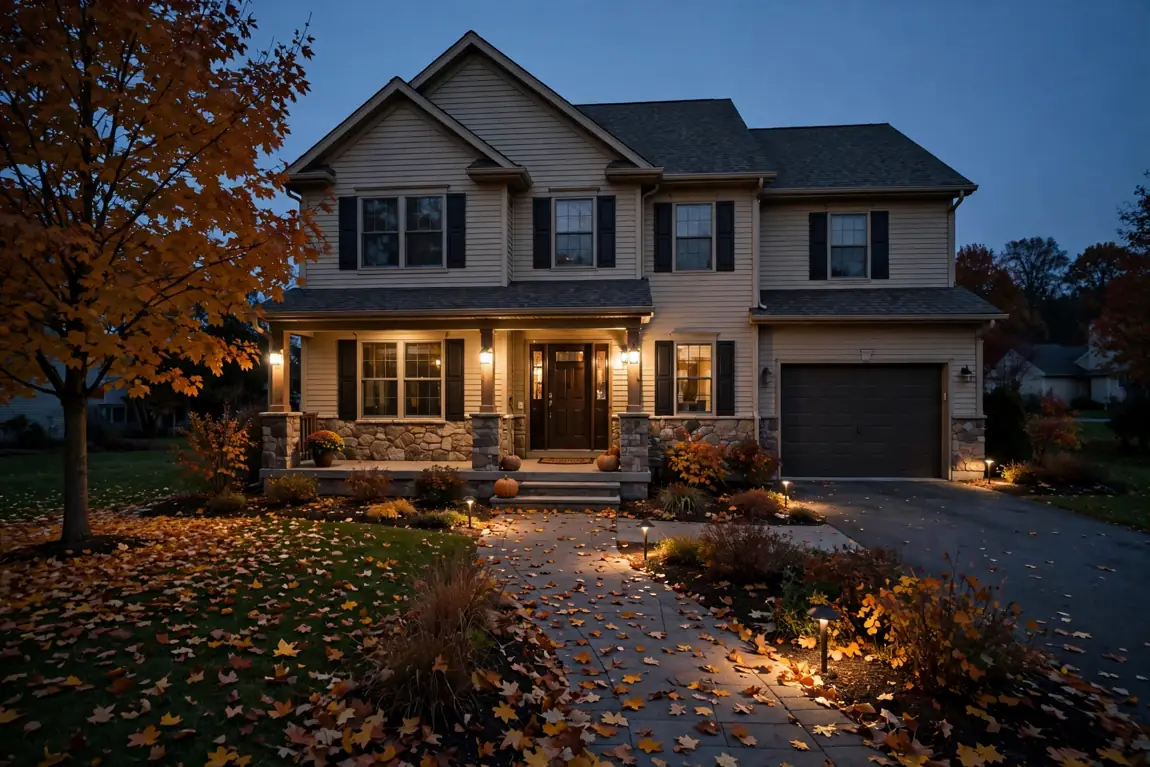 House with warm porch and landscape lights on at early autumn dusk