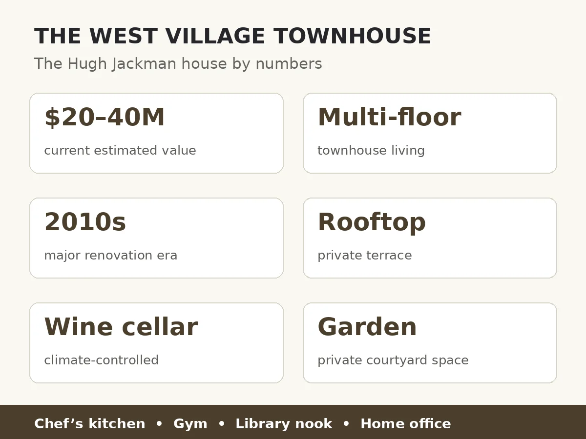 Inside Hugh Jackman House Tour in New York City and Beyond 2 Hugh Jackman West Village house by numbers — a multi-floor townhouse estimated at $20 to $40 million with rooftop terrace, wine cellar and garden