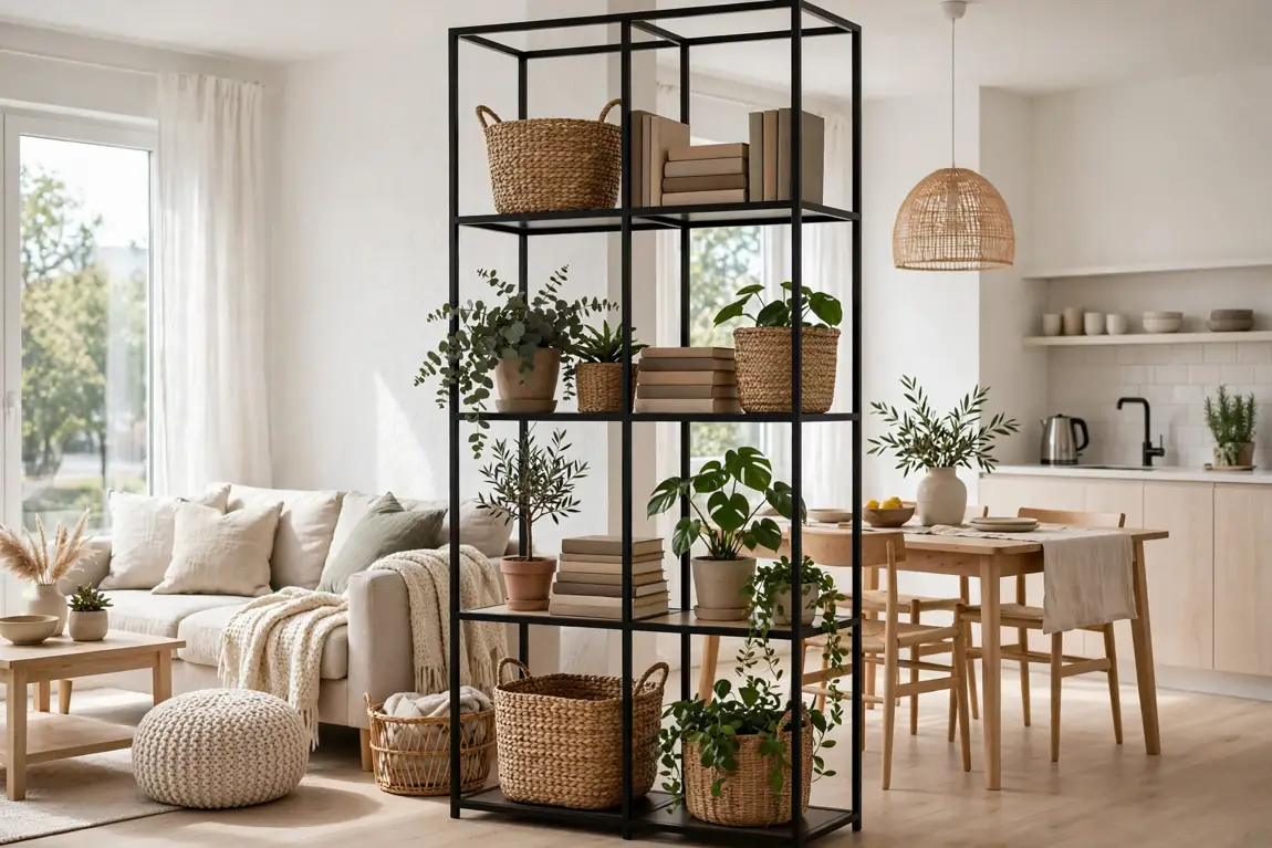 IKEA Hacks: 18 Genius Ideas to Elevate Your Home Decor (2026) 3 IKEA KALLAX shelf used as a room divider with baskets and plants