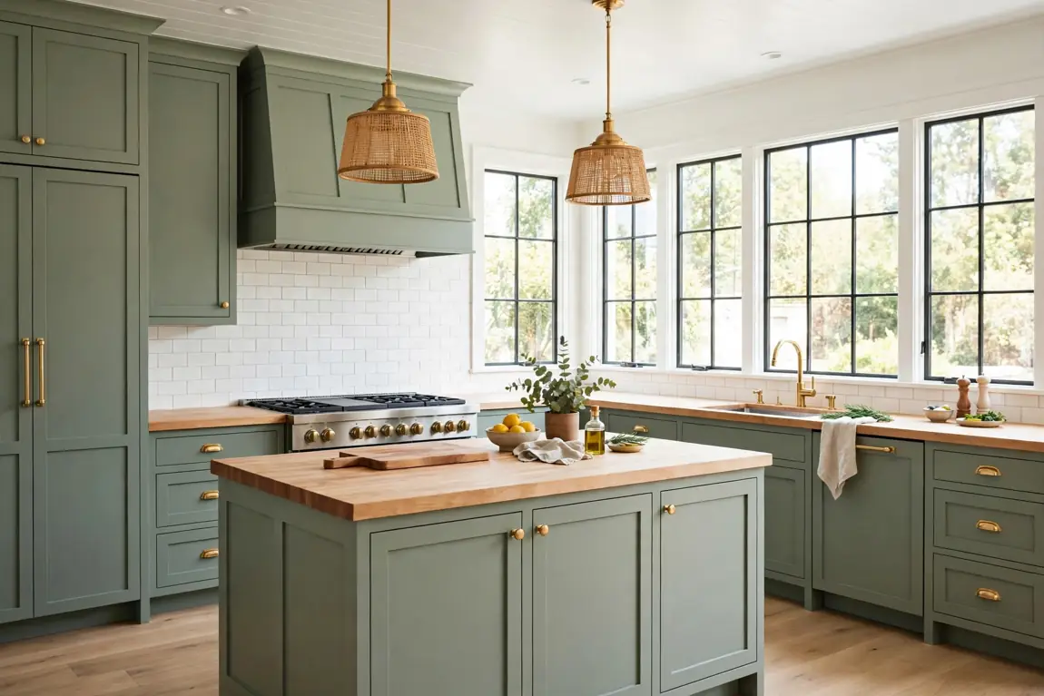 IKEA Hacks: 18 Genius Ideas to Elevate Your Home Decor (2026) 4 IKEA kitchen cabinets painted sage green with brass hardware