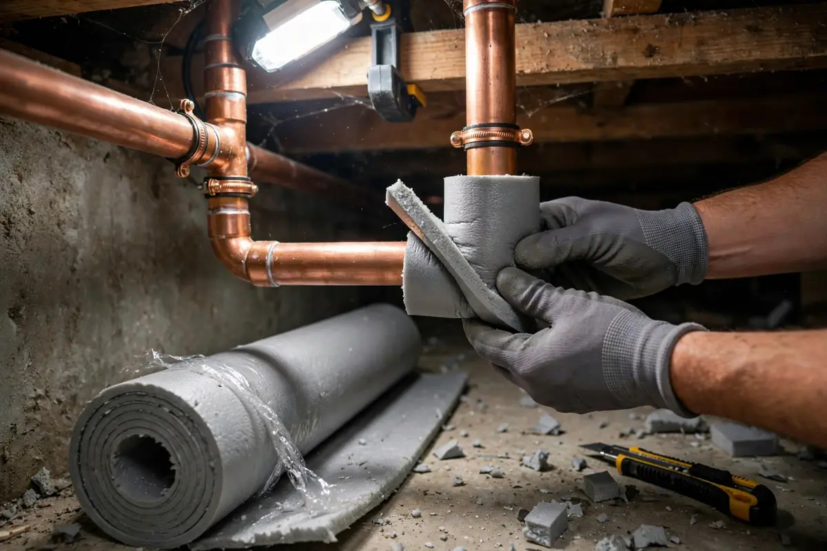 Hands fitting foam insulation sleeves around copper water pipes in a basement