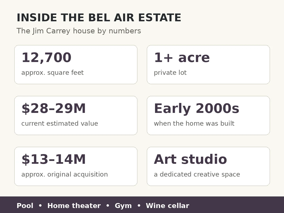 Jim Carrey Bel Air house by numbers — approximately 12,700 square feet on a lot of more than one acre, estimated at $28 to $29 million