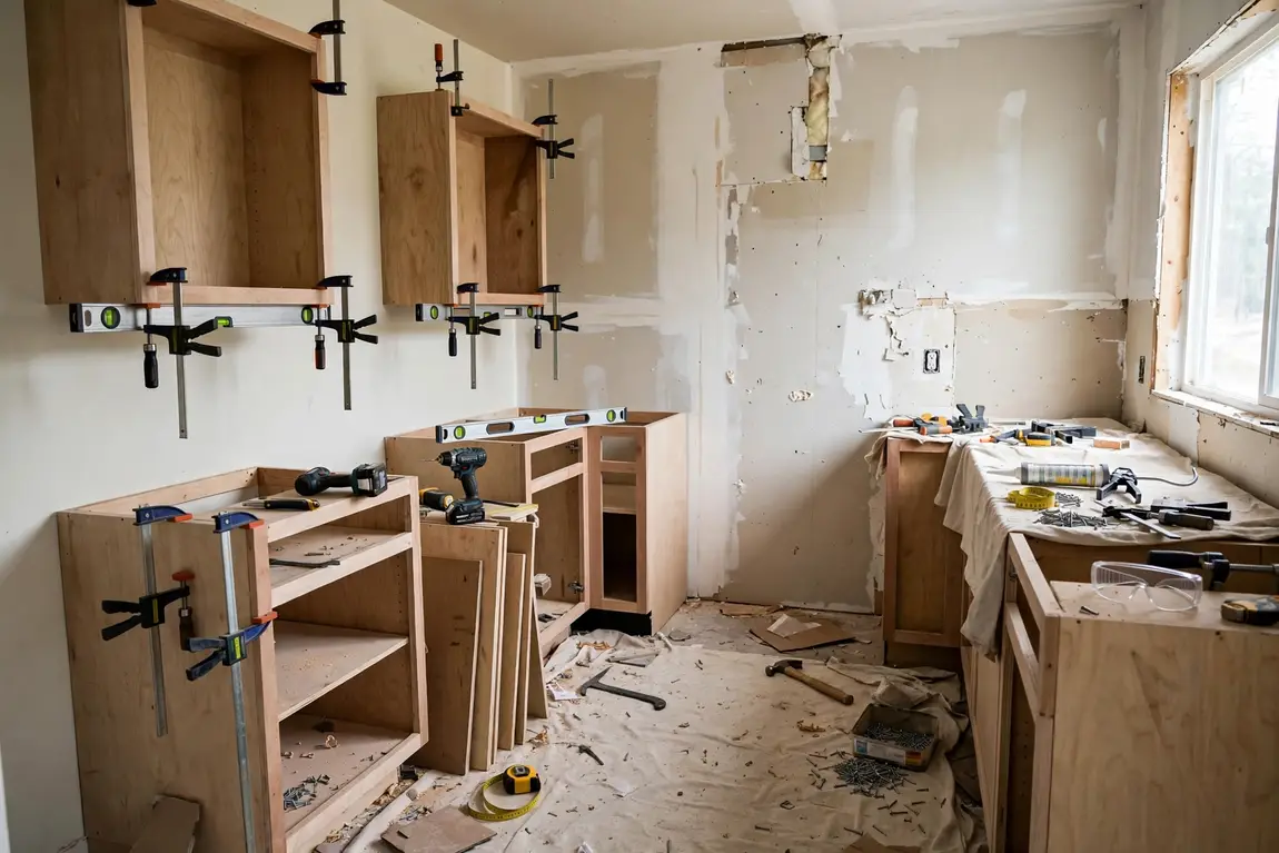 Kitchen cabinets being installed during a remodel with tools and unfinished cabinet units