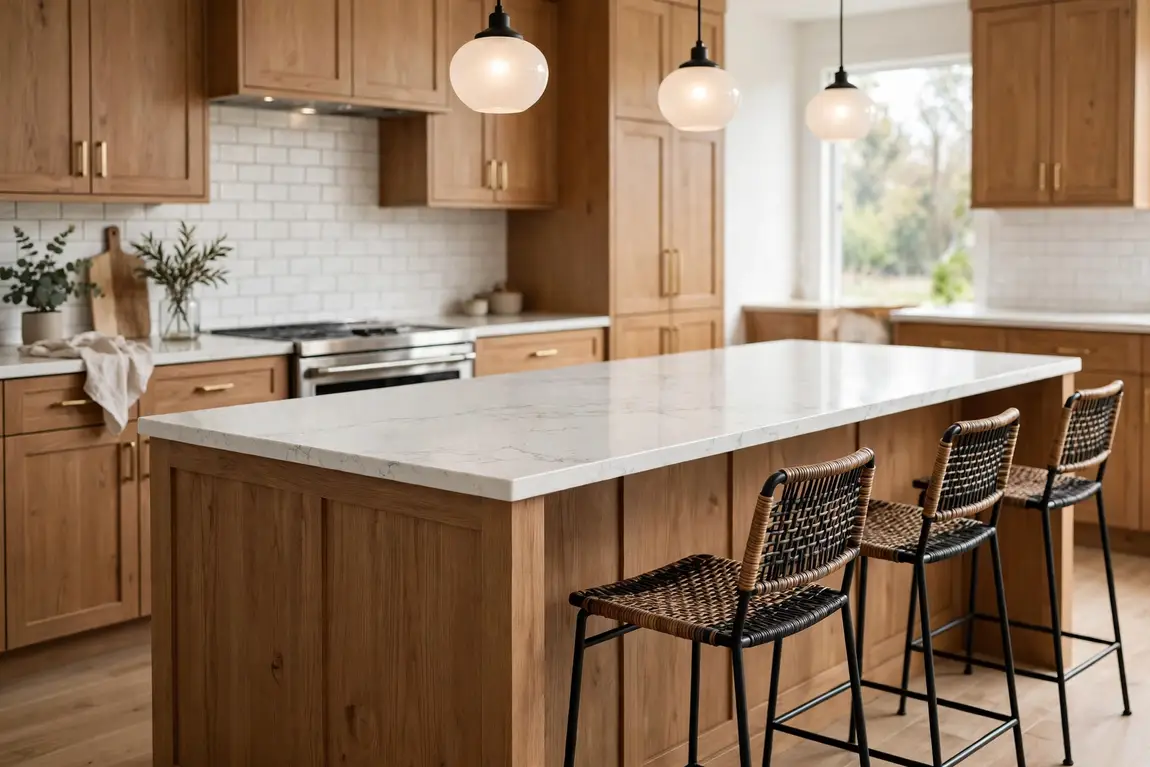 Kitchen island with new quartz countertops and bar stools in a renovated kitchen