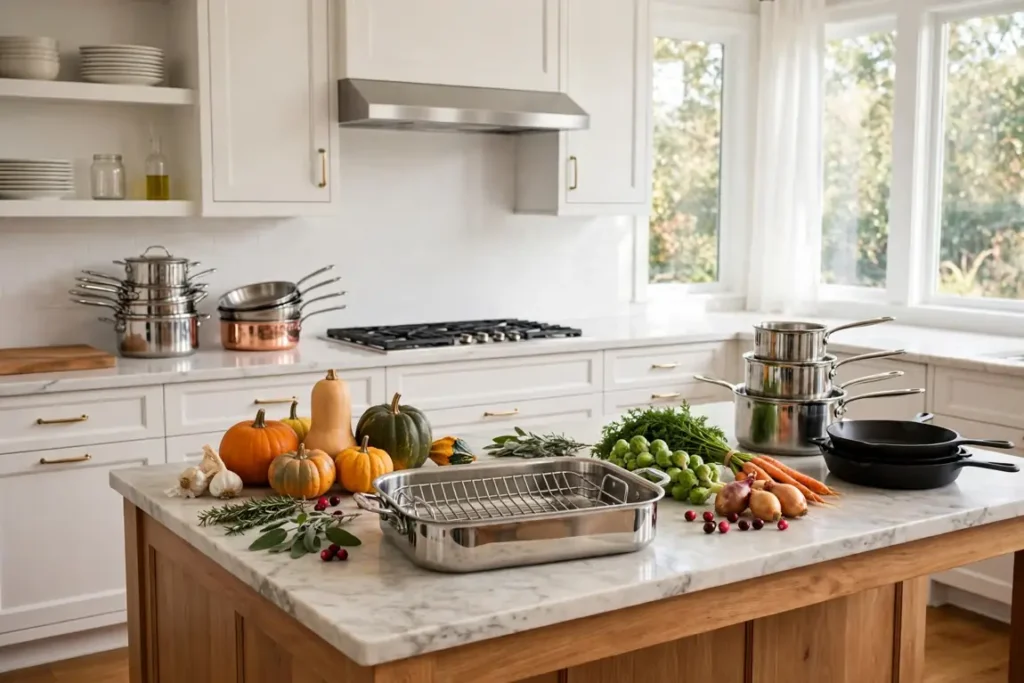 Organized kitchen with roasting pan and autumn vegetables ready for holiday cooking