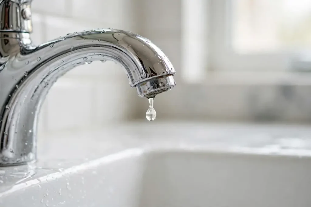 10 Common Plumbing Problems: Causes, DIY Fixes & When to Call a Pro (2026 Guide) 2 Chrome faucet dripping water into a bathroom sink