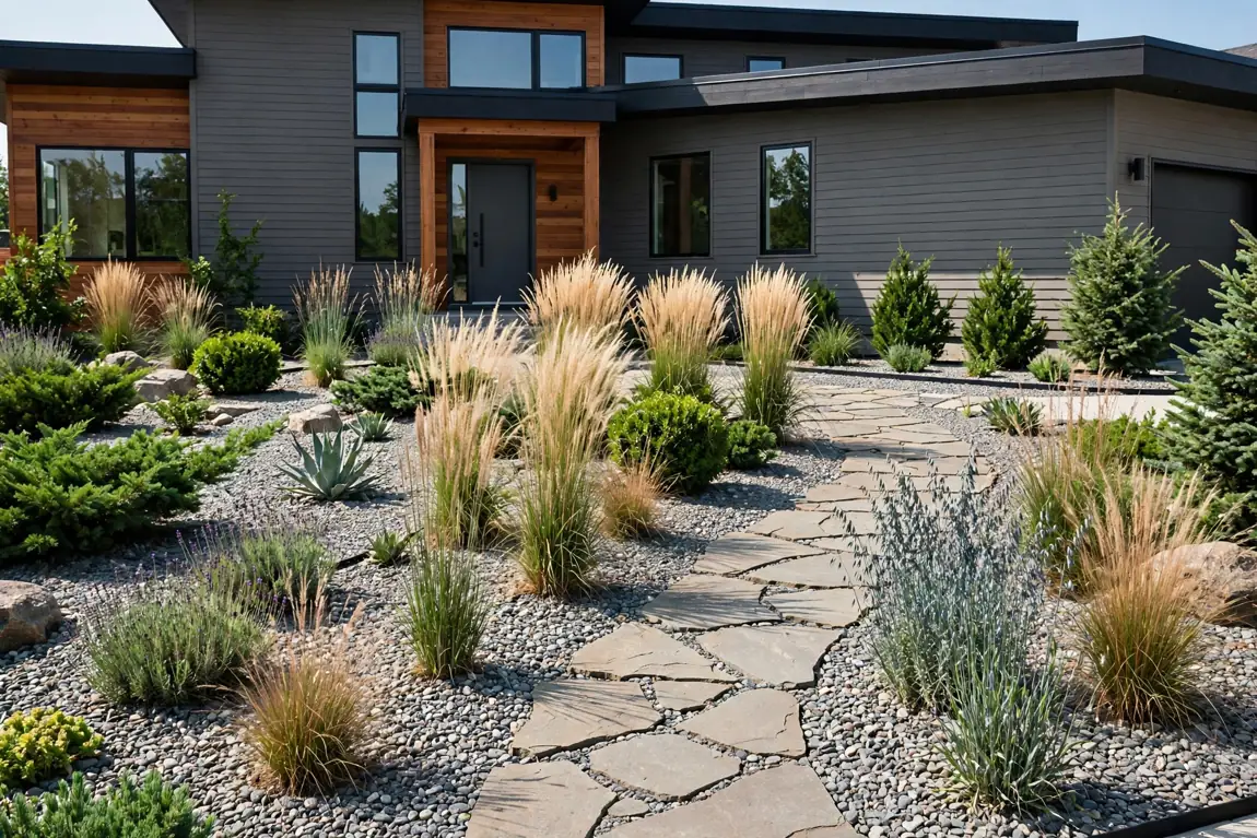 Low maintenance front yard with gravel, ornamental grasses and a stone pathway