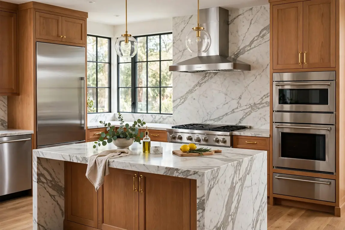 Luxury kitchen remodel with marble countertops and high-end stainless appliances