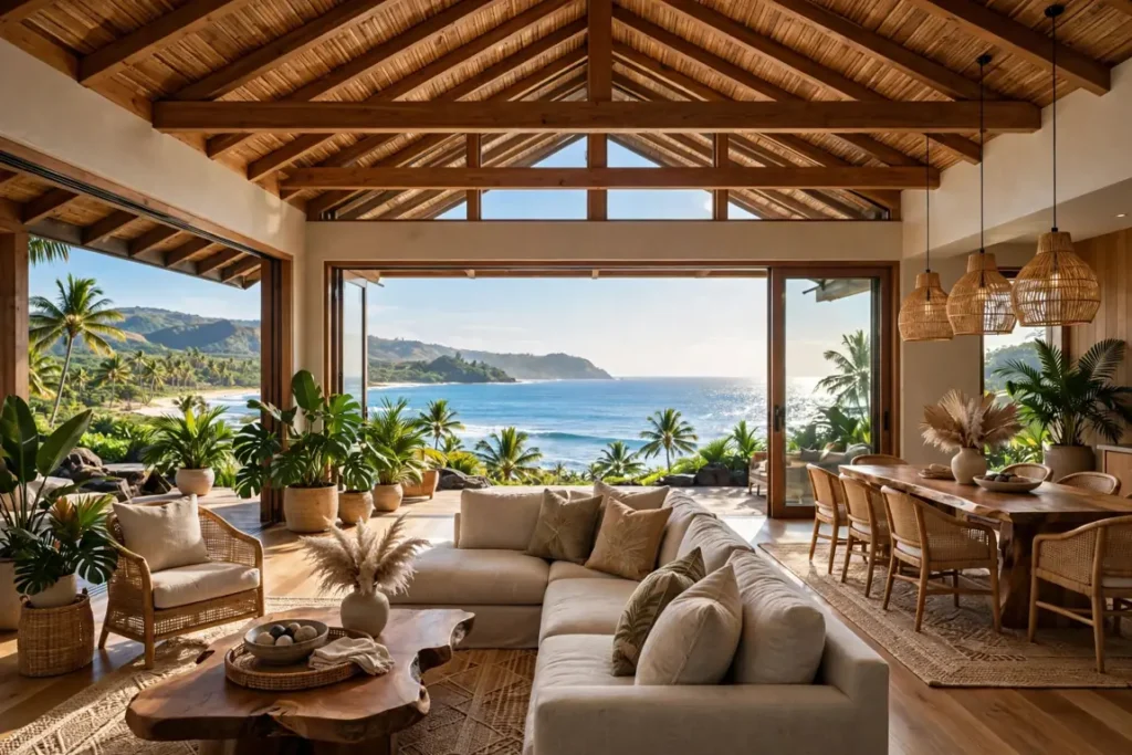 Tropical interior of a Maui mansion with exposed roof trusses and woven bamboo details