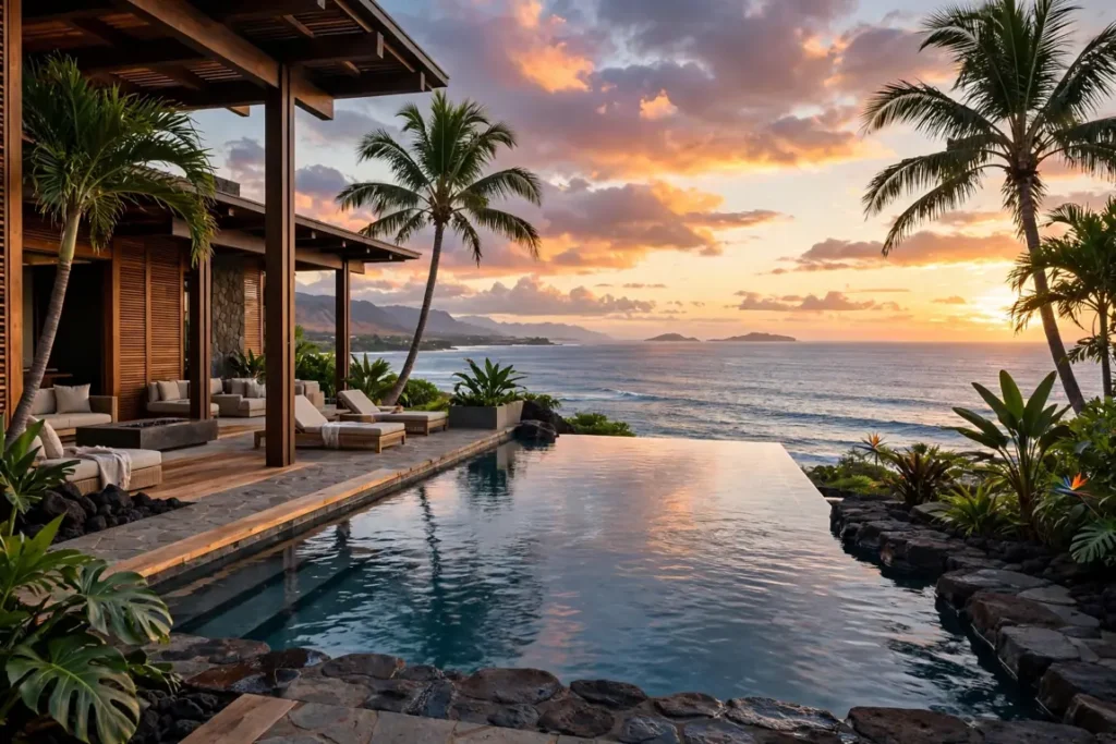 Freeform oceanfront swimming pool with a rock grotto and slide at a luxury Maui estate