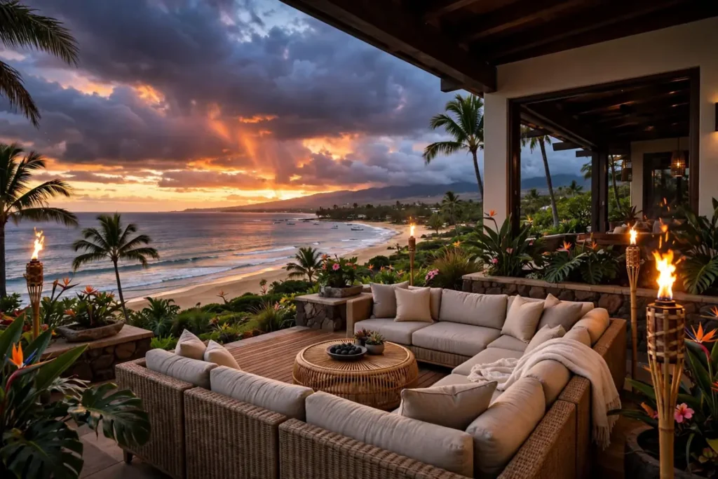 Sunset over the Pacific Ocean seen from an oceanfront terrace in Kihei, Maui