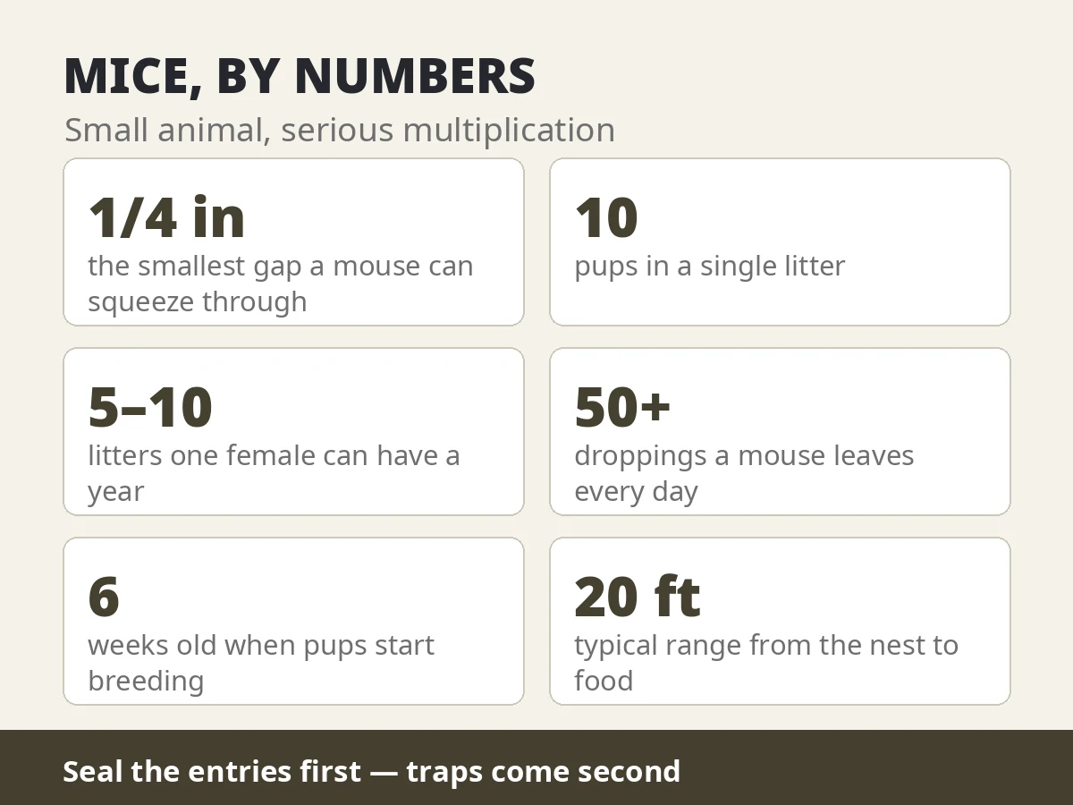 How to Get Rid of Mice in Your House (Fast, and Keep Them Out) 2 Mice by numbers — a 1/4 inch gap is enough, up to 10 pups per litter, 5 to 10 litters a year, 50+ droppings a day