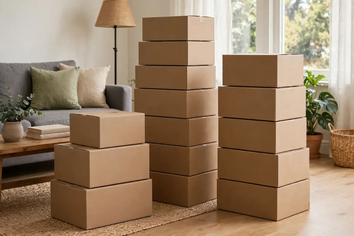 Neat stacks of plain cardboard moving boxes packed and ready in a living room