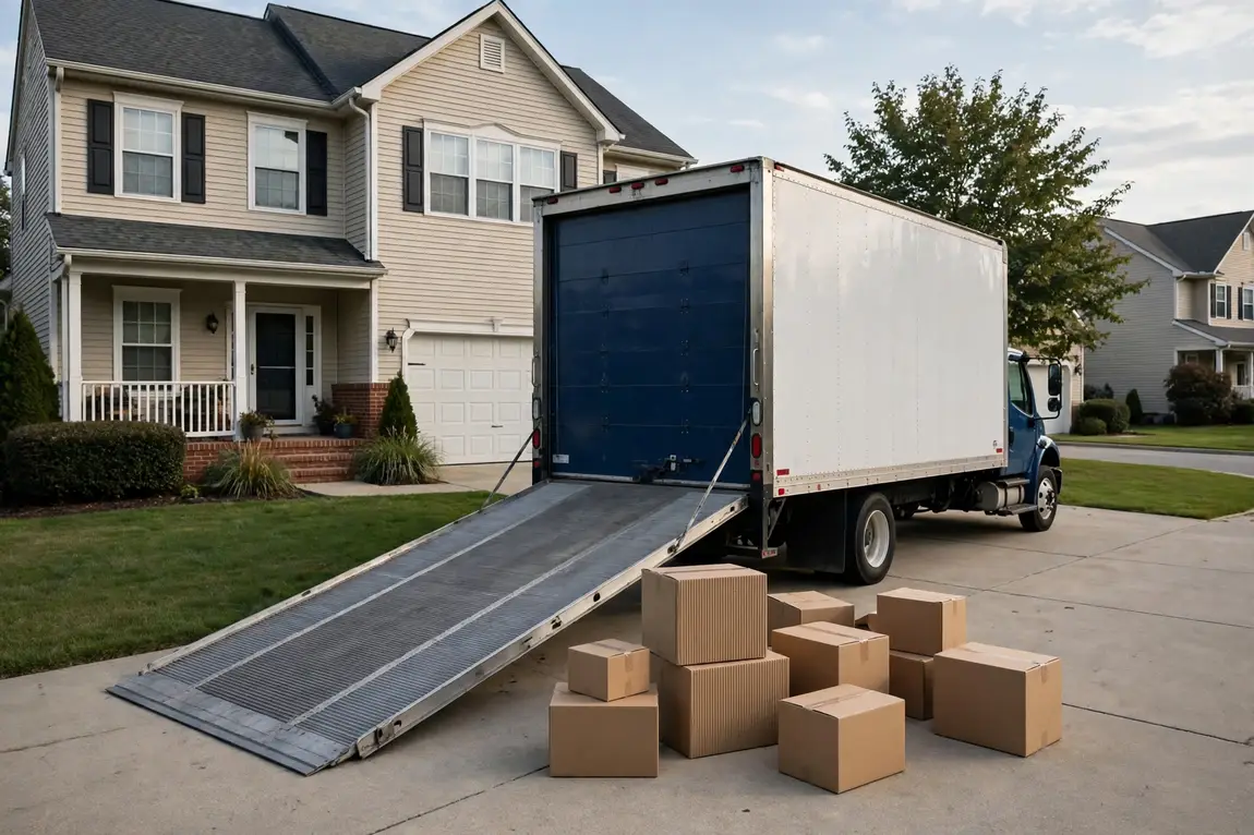 cost to hire movers illustrated by a moving truck with its ramp down parked in front of a suburban house with moving boxes nearby