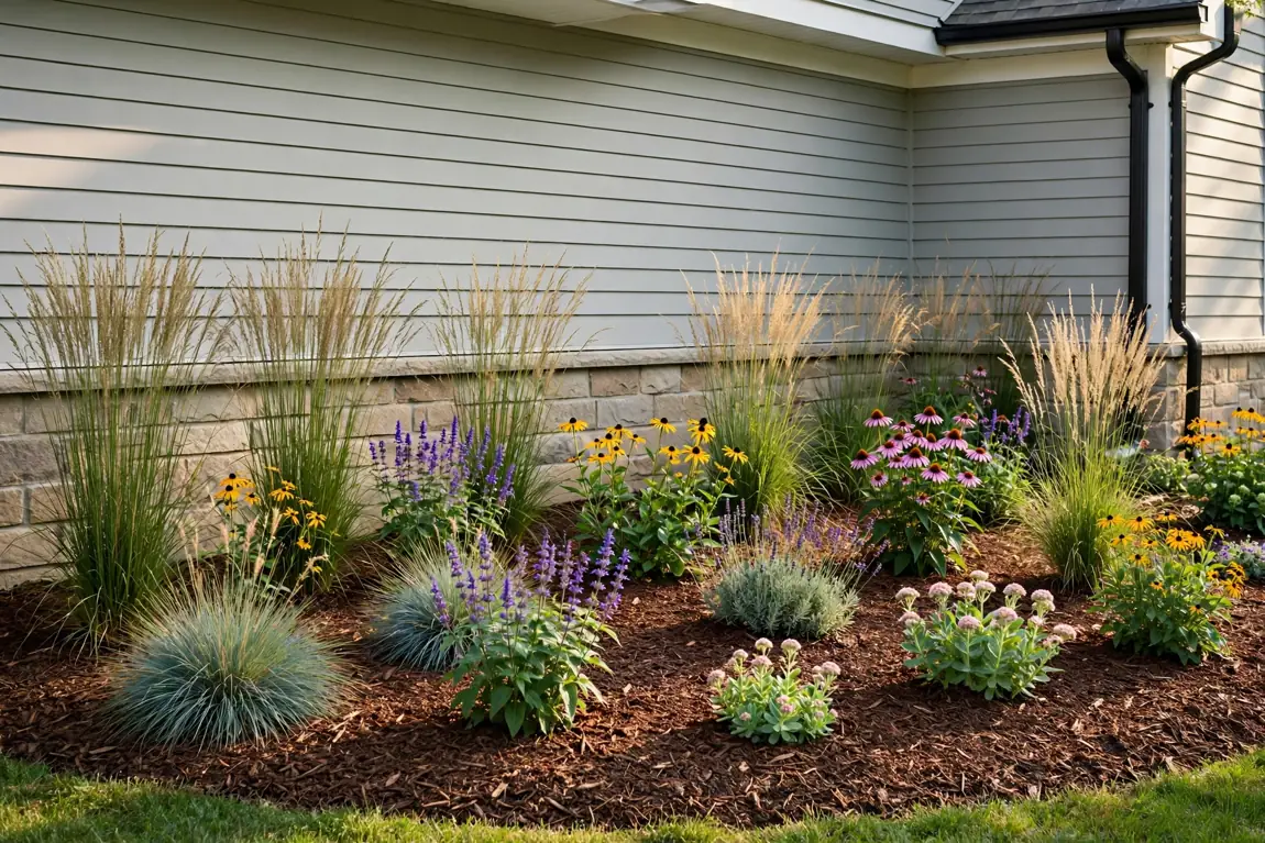 Mulched perennial garden beds with ornamental grasses along a house foundation