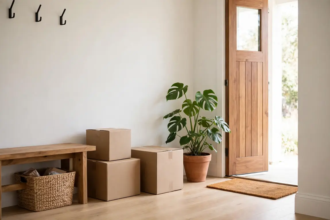 Bright new home entryway with a few moving boxes and a green plant by the door
