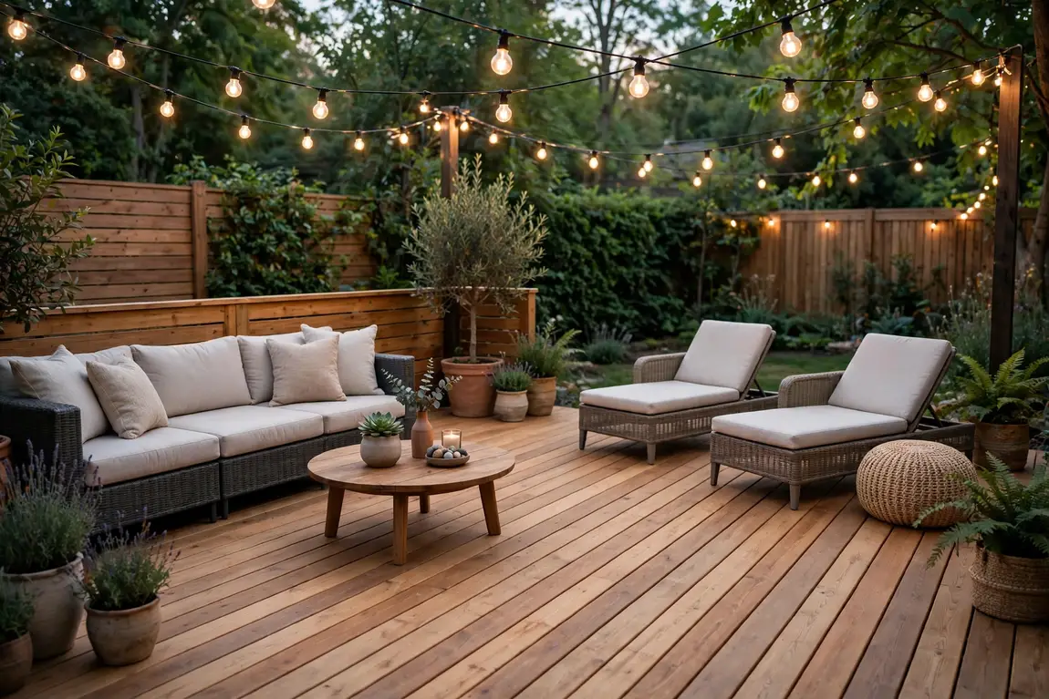 Beautiful new wooden backyard deck showing average deck building cost value with outdoor furniture and string lights