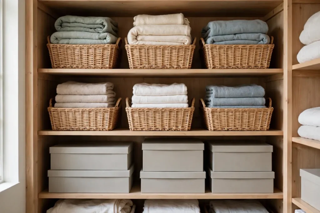 Organized linen closet with folded towels and blankets stored in woven baskets on shelves