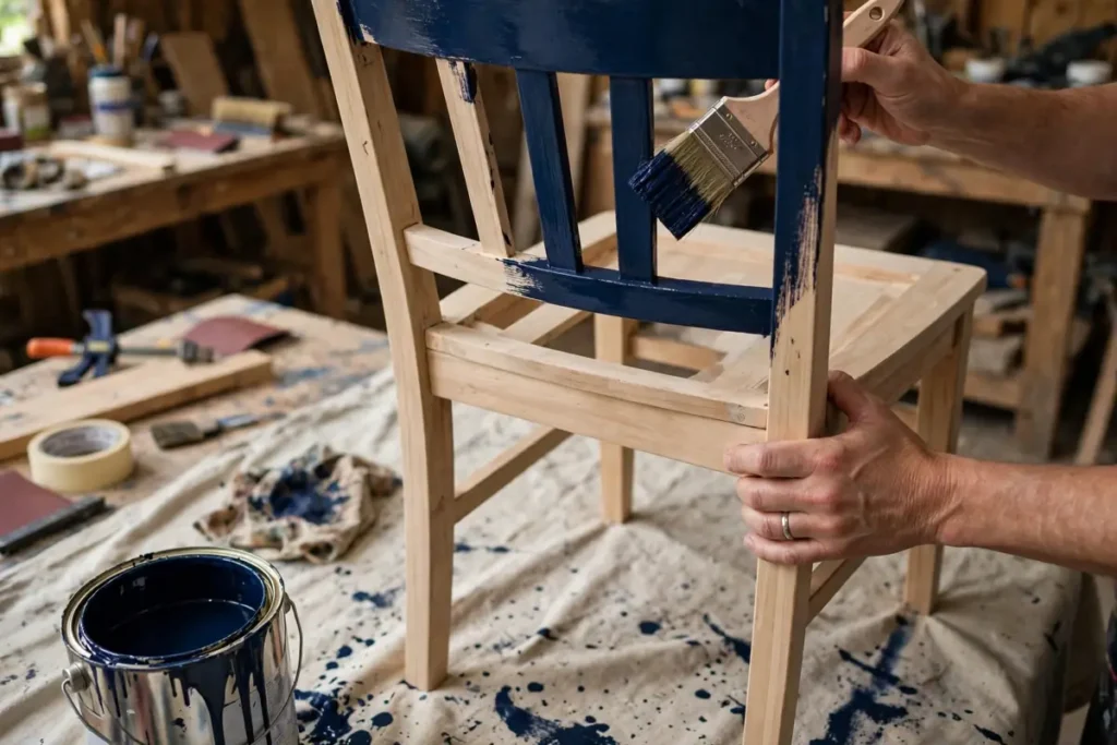Refreshing Furniture Makeovers with Paint: 15 Ideas, Costs & a Step-by-Step Guide (2026) 4 Hands painting a wooden chair in navy blue with a brush in a home workshop