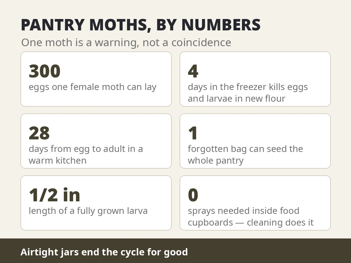 Pantry moths by numbers — 300 eggs per female, 4 days in the freezer kills eggs and larvae, 28 days egg to adult in a warm kitchen