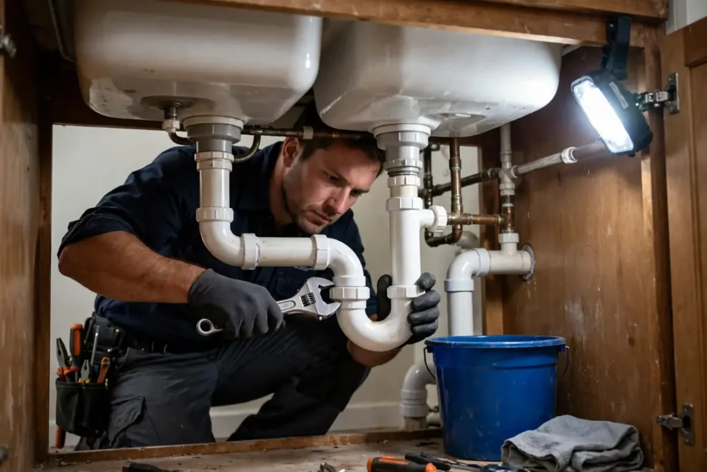 10 Common Plumbing Problems: Causes, DIY Fixes & When to Call a Pro (2026 Guide) 1 Plumber repairing pipes under a kitchen sink with a wrench