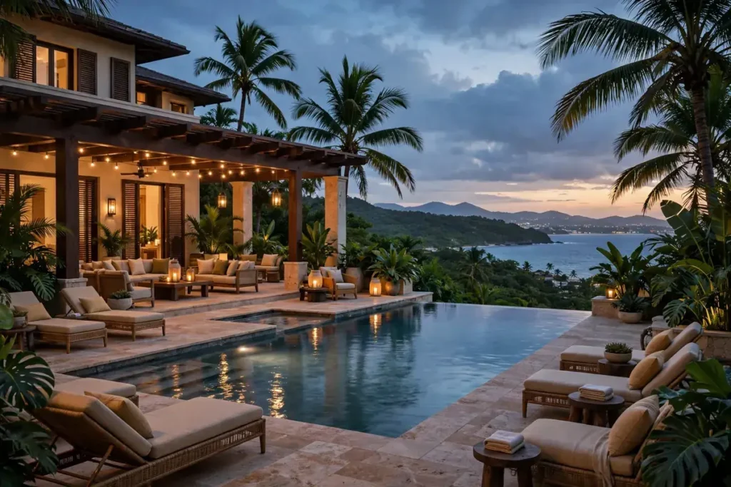 $30 Million Tyler Perry House in Puerto Rico: Inside His New Mansion Ahead of the 2027 Move 4 Resort-style pool terrace of a Puerto Rico luxury estate at dusk with palm trees