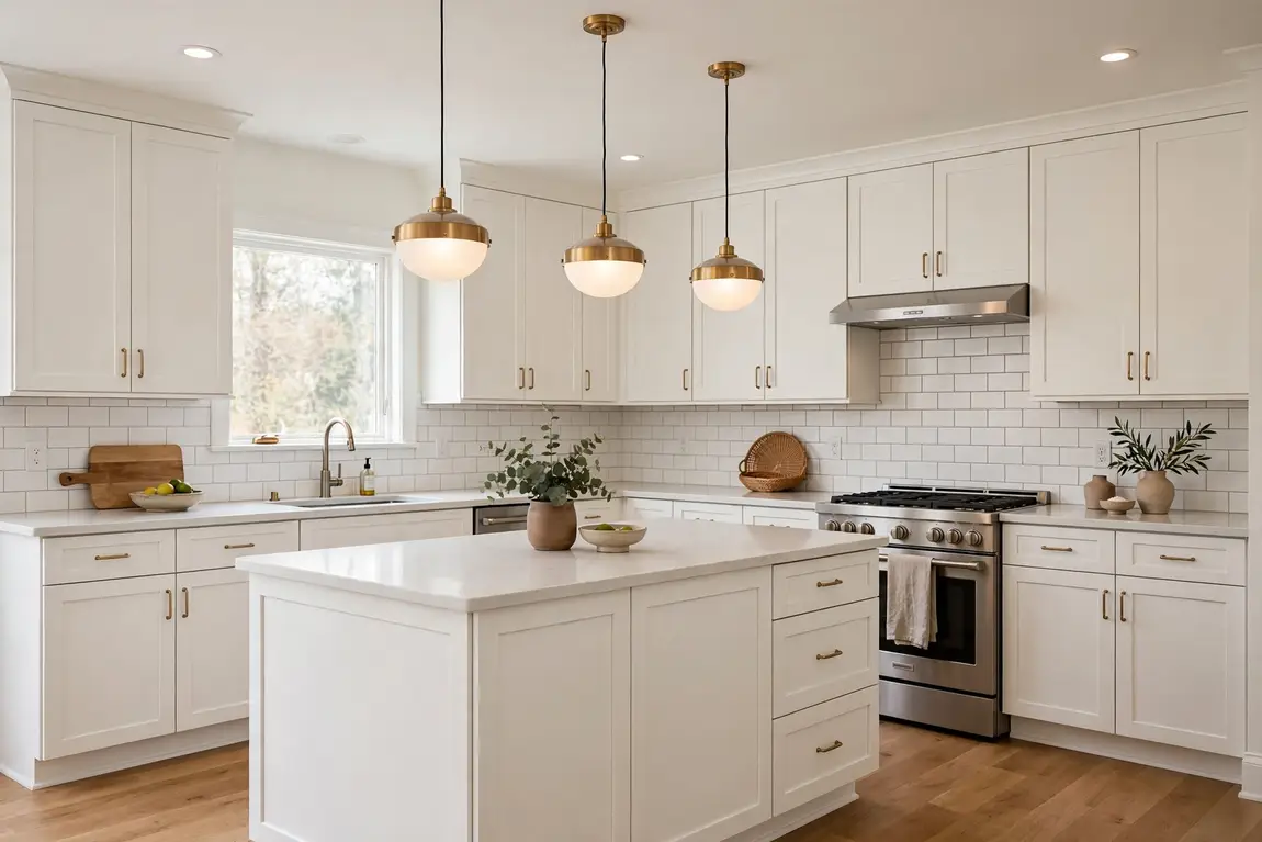 kitchen remodel cost breakdown for a mid-range renovated kitchen with white cabinets, an island and pendant lights