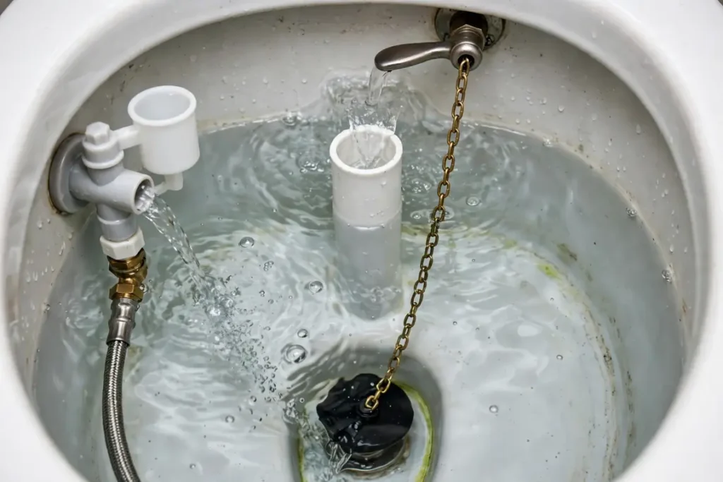 10 Common Plumbing Problems: Causes, DIY Fixes & When to Call a Pro (2026 Guide) 3 Toilet tank mechanism with fill valve and flapper shown with the lid removed
