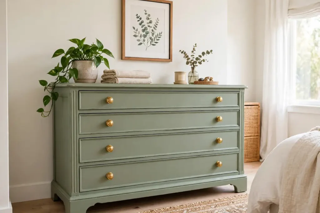 Refreshing Furniture Makeovers with Paint: 15 Ideas, Costs & a Step-by-Step Guide (2026) 1 Vintage dresser refinished in sage green paint with brass knobs in a bright bedroom