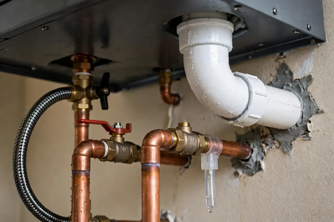 Close-up of a tankless water heater showing its venting and copper pipe connections