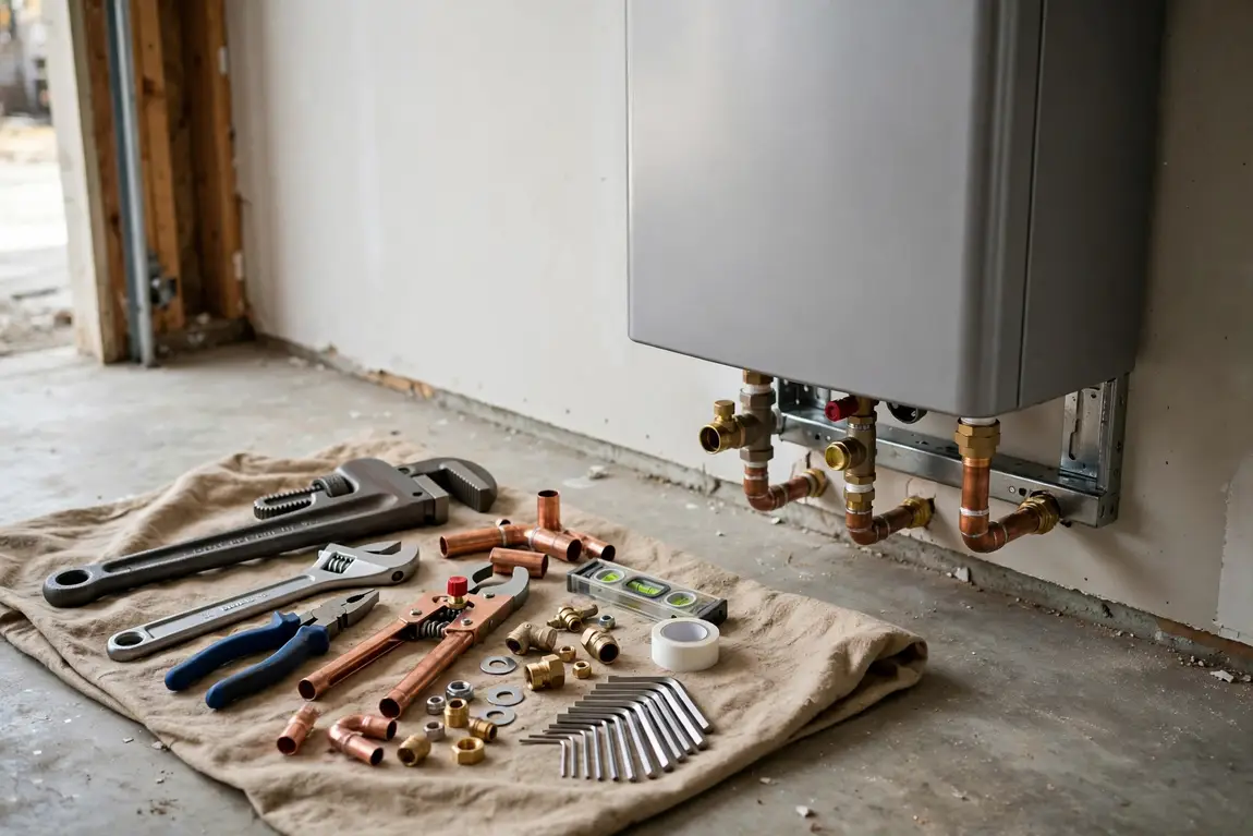 Plumbing tools laid out beside a tankless water heater unit ready for professional installation