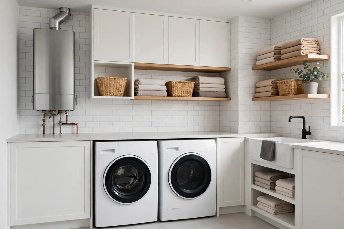 Clean modern utility room with a compact tankless water heater beside a washer and dryer