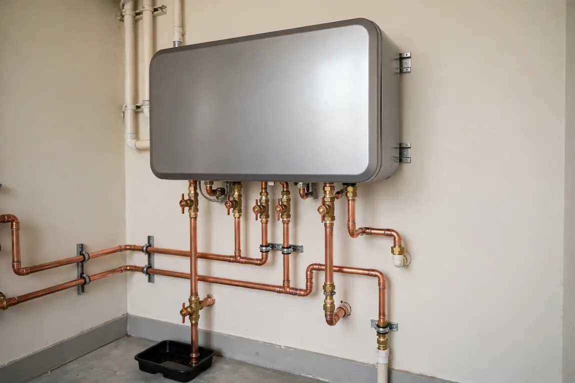 tankless water heater cost shown by a modern tankless water heater mounted on a utility room wall with neat copper piping