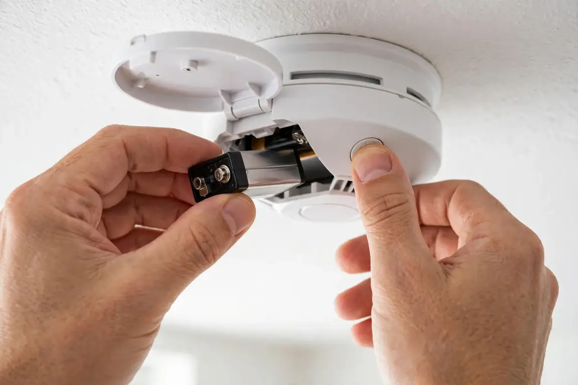 Hands testing a ceiling smoke alarm and replacing its battery