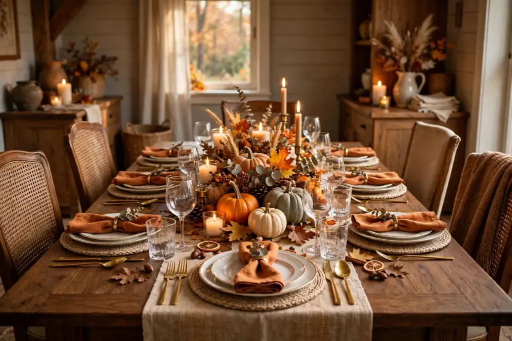 Thanksgiving dining table set for guests with an autumn pumpkin and candle centerpiece