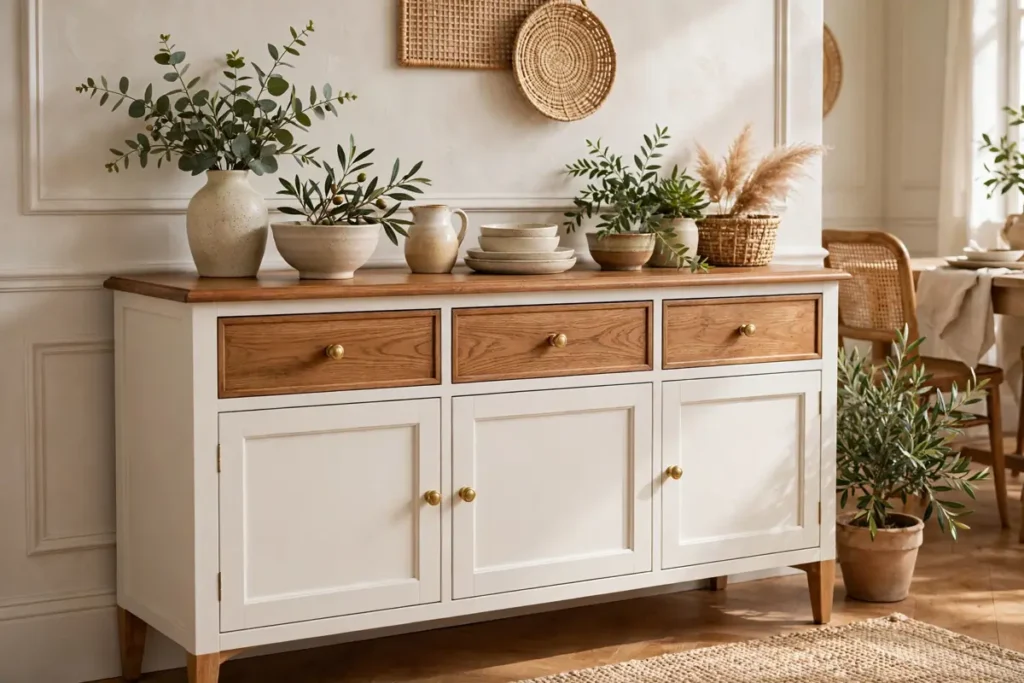 Refreshing Furniture Makeovers with Paint: 15 Ideas, Costs & a Step-by-Step Guide (2026) 2 Two-tone painted sideboard with a white body and natural wood top in a dining room