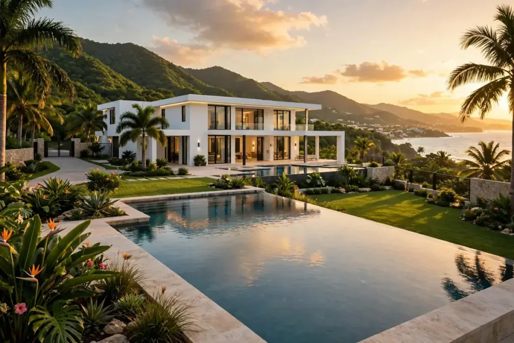 $30 Million Tyler Perry House in Puerto Rico: Inside His New Mansion Ahead of the 2027 Move 1 Modern luxury mansion in Puerto Rico with palm trees and an infinity pool at golden hour