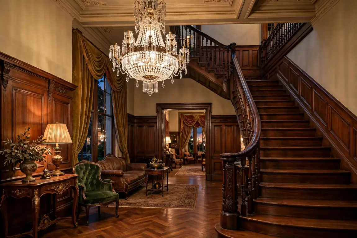 Classic Old Hollywood interior of the Warner mansion with hand-carved wood and leaded glass