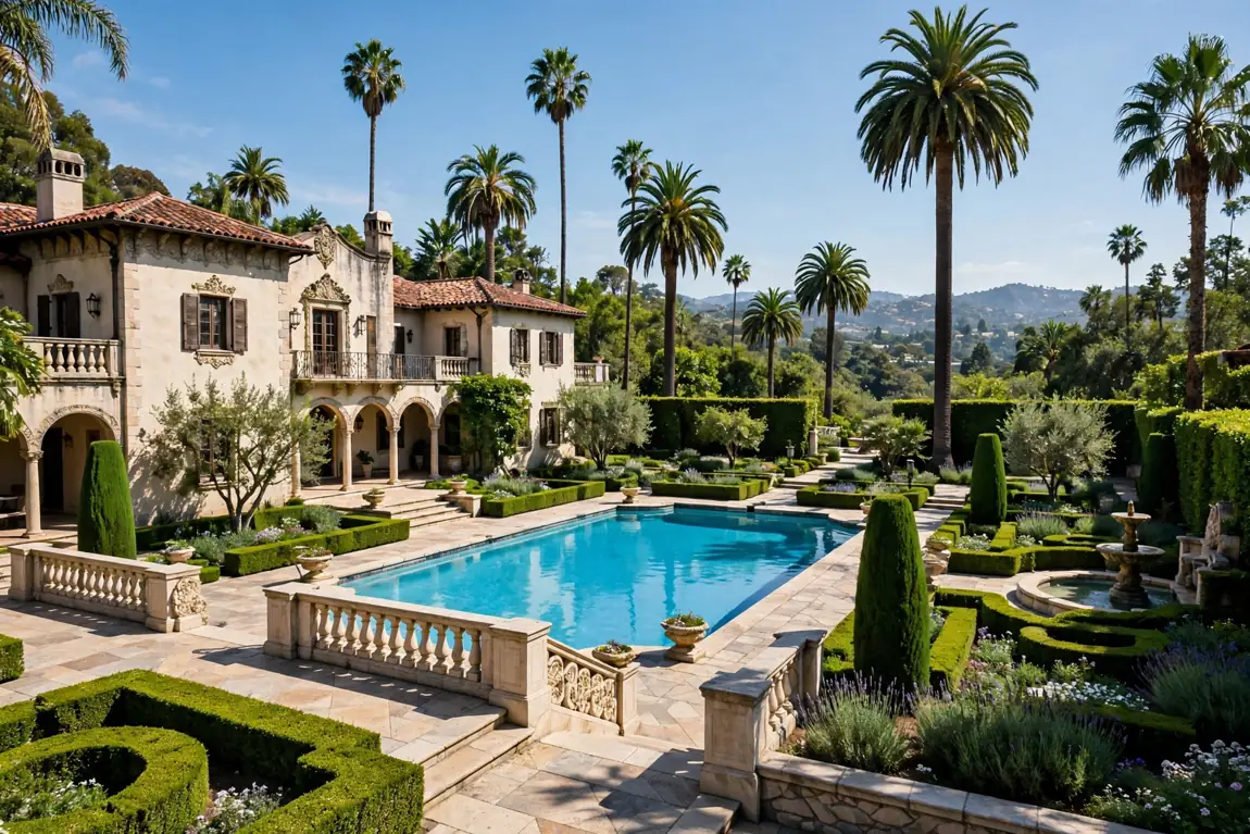 Gardens, pool and tennis court of the historic Warner estate in Beverly Hills