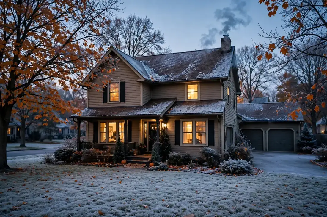 Cozy winterized home with frost on the roof and warm light in the windows on a late autumn evening