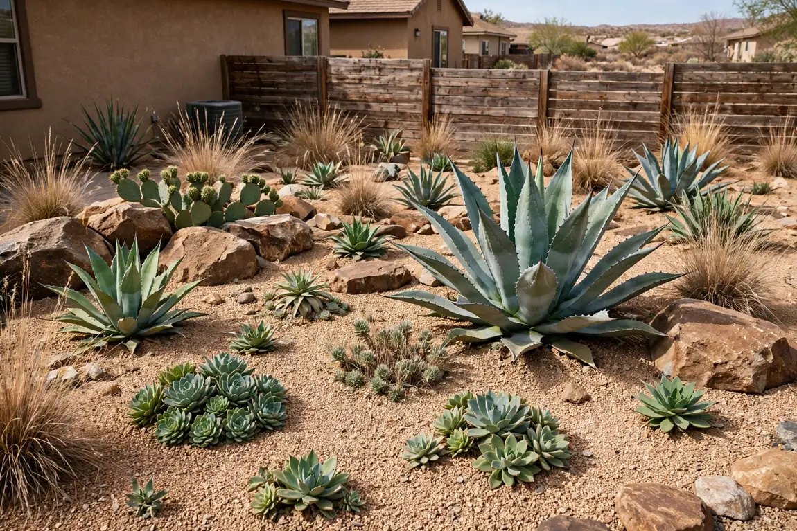 Drought-tolerant xeriscape garden with succulents, agave and decorative rocks